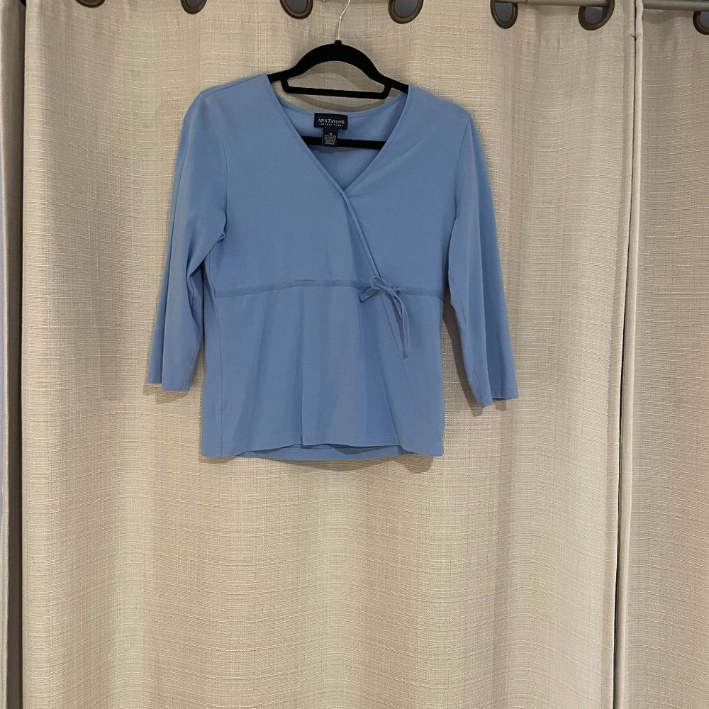Ann Taylor Faux Surplice Wrap Top in Cornflower Blue w/Side Detail